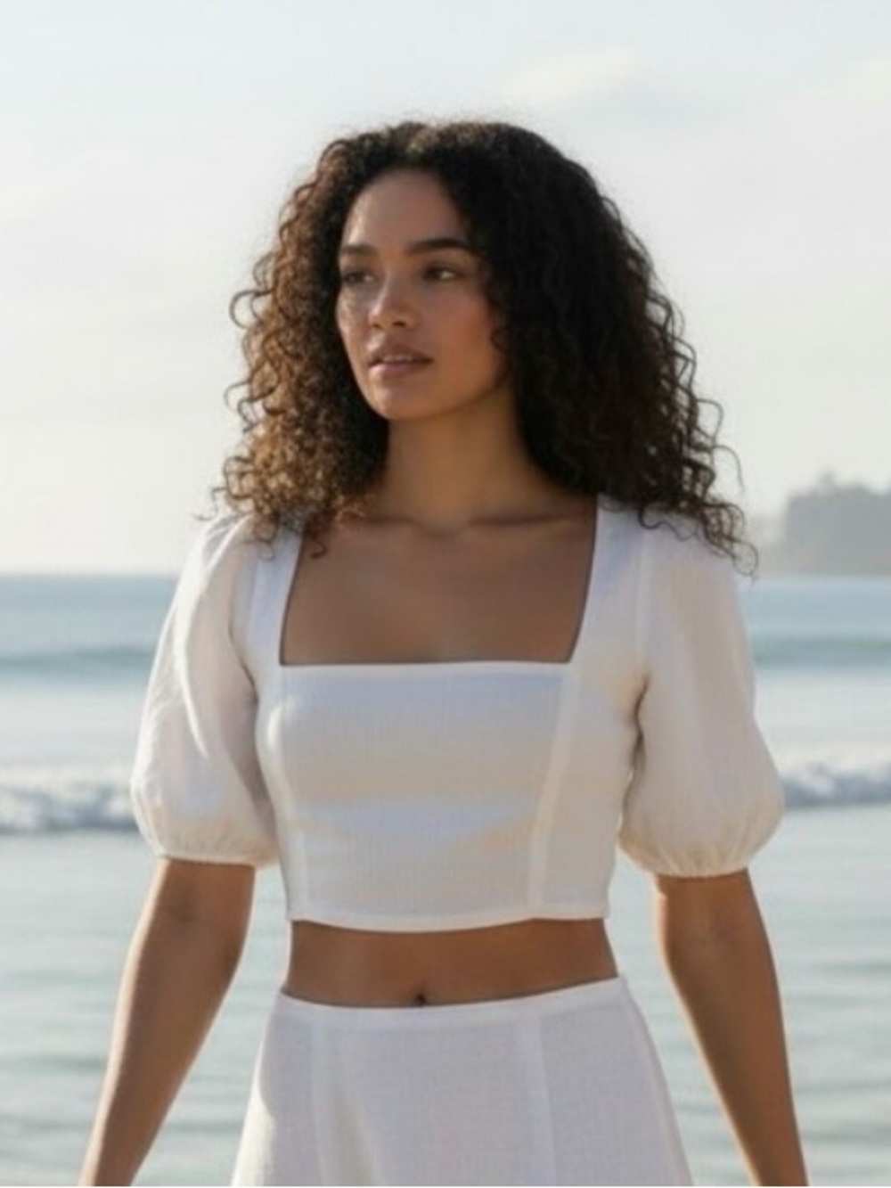 Reformation Yucca Off White Square-Neck Puff Sleeve Crop Top